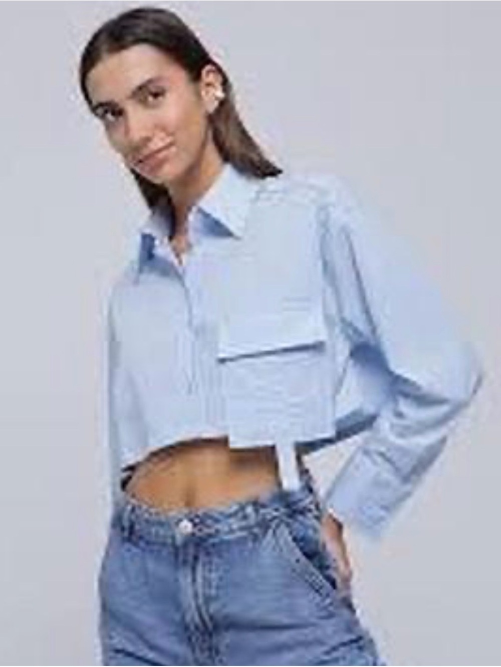 Cropped Button-Up Shirt 100% Cotton sz L - Powder Blue